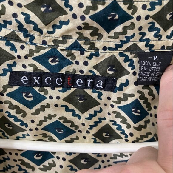 Excetera Mens Geometric 100% Silk Shirt M Short-Sleeve Beige & Green - Picture 3 of 3